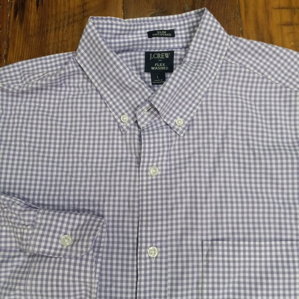 J CREW Shirt Mens Large L/S  Purple Gingham Button-Down Oxford Cotton Slim